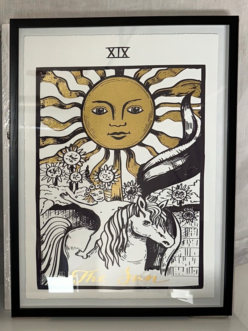 Framed “The Sun” Tarot Card Black and White Art Print With Gold Foil Accents